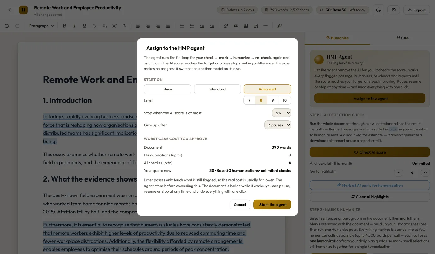 The Assign to the HMP agent dialog: start on Base, Standard or Advanced, level 7 to 10, stop when the AI score is at most 5%, give up after 3 passes, and a worst-case cost of 3 humanizations and 4 AI checks for a 390-word document