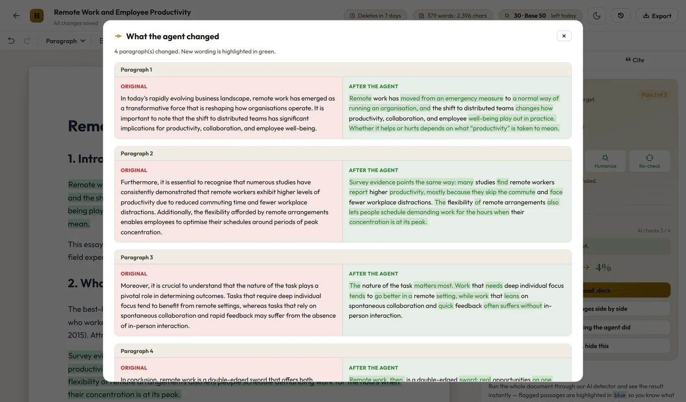 The What the agent changed view in the HumanizeMyPaper Document Editor: four paragraphs shown with the original text on the left and the rewritten text on the right, new wording highlighted in green