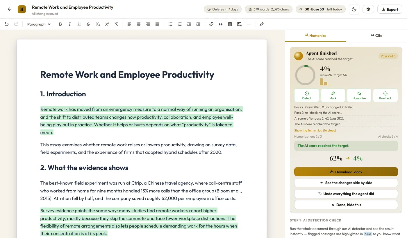 HMP Agent finished: the AI score reached the target, 62% to 4% in two passes, with buttons to download the .docx, see the changes side by side, undo everything the agent did, and dismiss the panel; rewritten passages are highlighted green in the document