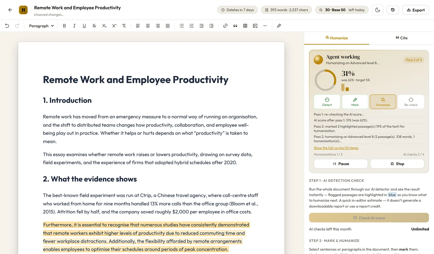 HMP Agent working on pass 2 of 3: the AI score is 31%, down from 62%, the Humanize phase is active, the run log lists each step, the budget shows 1 of 3 humanizations and 2 of 4 checks used, and the flagged paragraph in the document is highlighted while it is rewritten