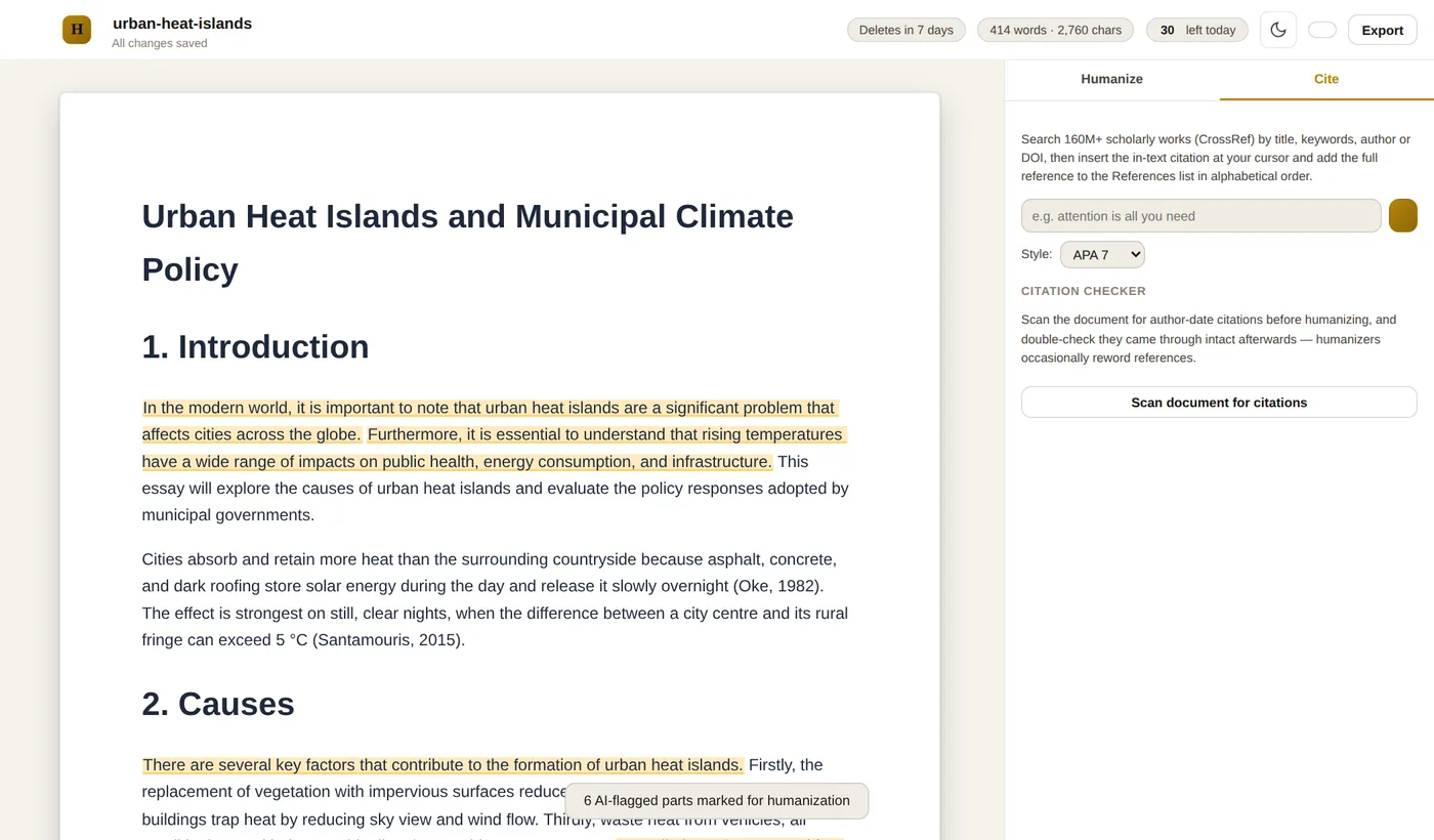 The Cite tab of the Document Editor with a CrossRef search box, an APA 7 style selector, and a Citation checker button to scan the document for author-date citations