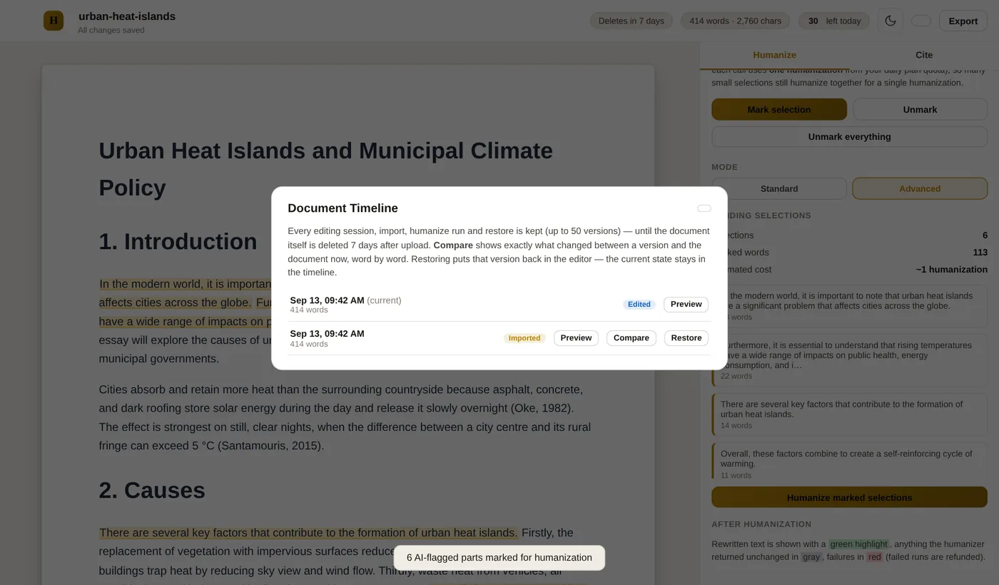 The Document Timeline dialog listing an Edited current version and an Imported version, each with Preview, Compare, and Restore buttons