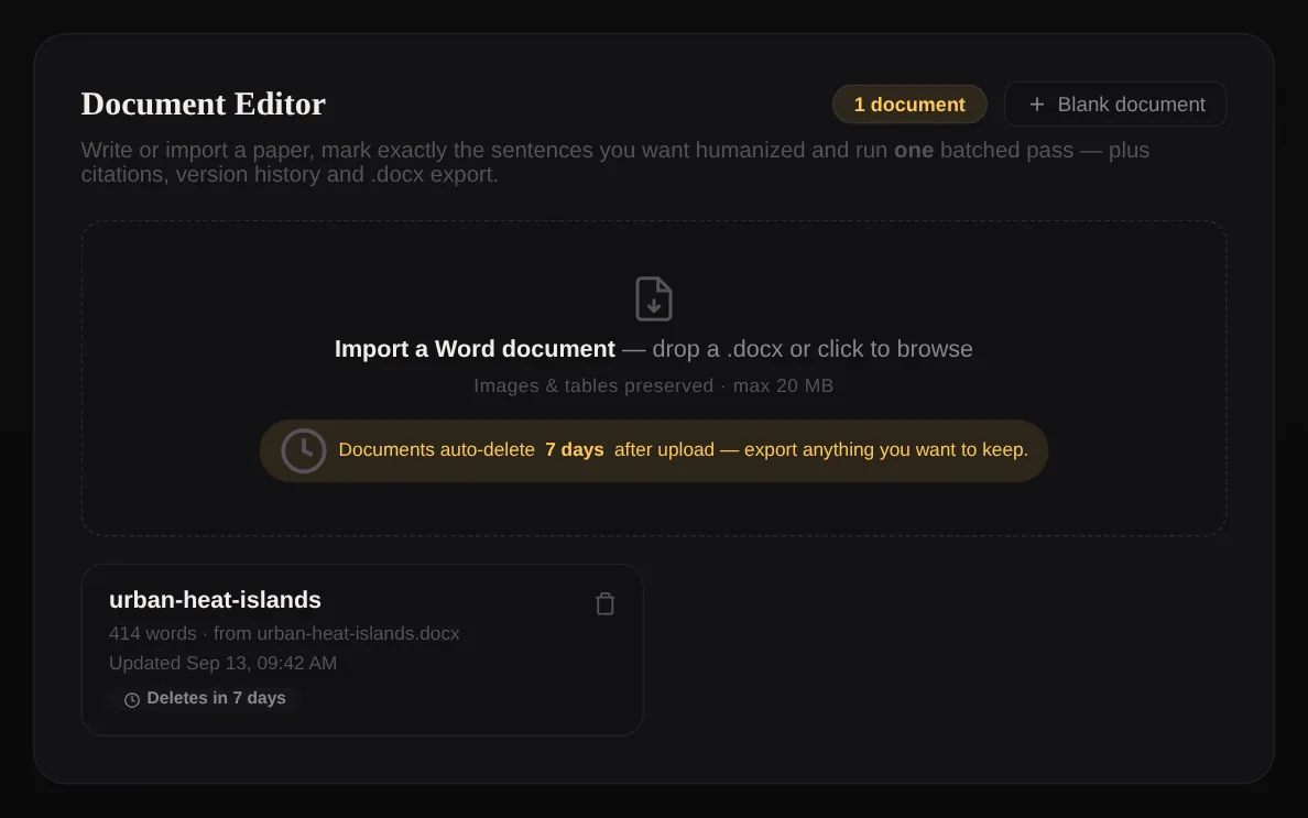 The Document Editor card in the HumanizeMyPaper dashboard with a .docx import drop zone and a document card showing the days left before deletion