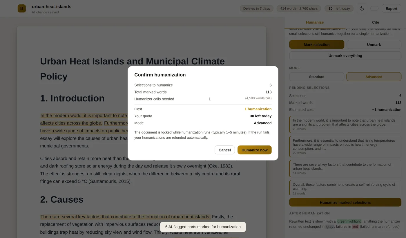 The Confirm humanization dialog showing 6 selections, 113 marked words, 1 humanizer call at 4,500 words per call, a cost of 1 humanization, 30 left today, and the Advanced mode