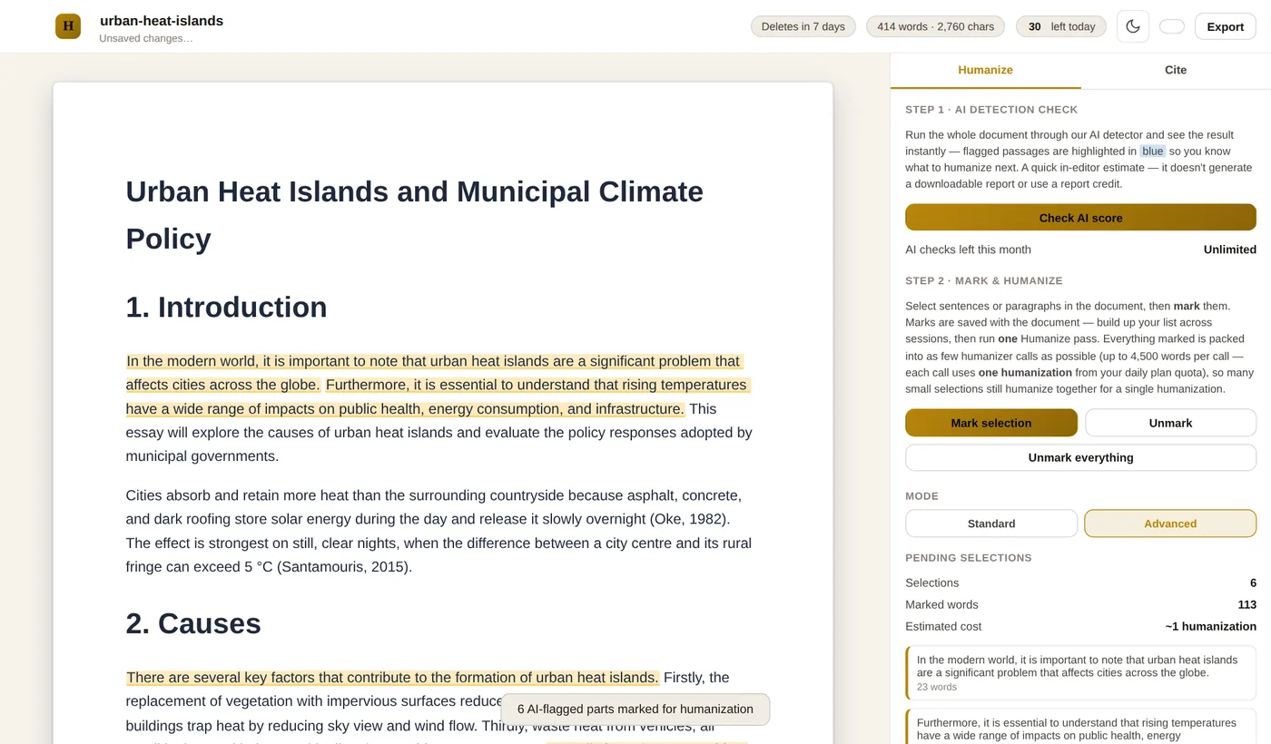 The Document Editor after clicking Mark all AI parts: the flagged sentences are now highlighted in yellow and the panel lists six pending selections totalling 113 words with an estimated cost of one humanization